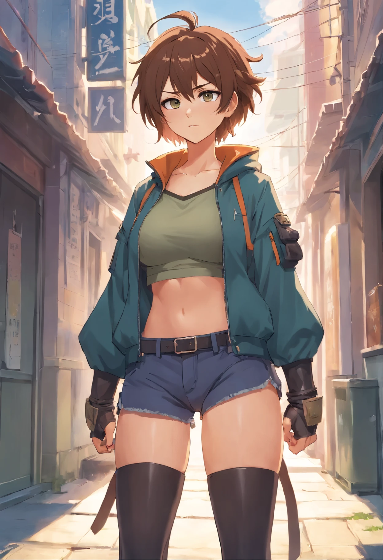 Ultra High Definition 2D Art, fantasy, unkempt short hair that is somewhat curly, costume outfit for hunting and traveling with fingerless gloves and leather boots and Her attire includes a pair of short swords that hang from her hip, sharp eyes with an air of intimidation, pose intense, delinquent tomboy that could be mistaken for a man but has huge breasts, Fantasy worldview, tomboy, huge breasts, proper clothes, rough looking girl, could be mistaken for a man, constant glare, glaring, fantasy hunter, fur on outfit, delinquent, fantasy manga, isekai manga, messy hair, wild hair, short messy hair, short wild hair, masculine girl, muscular girl, 19 years old