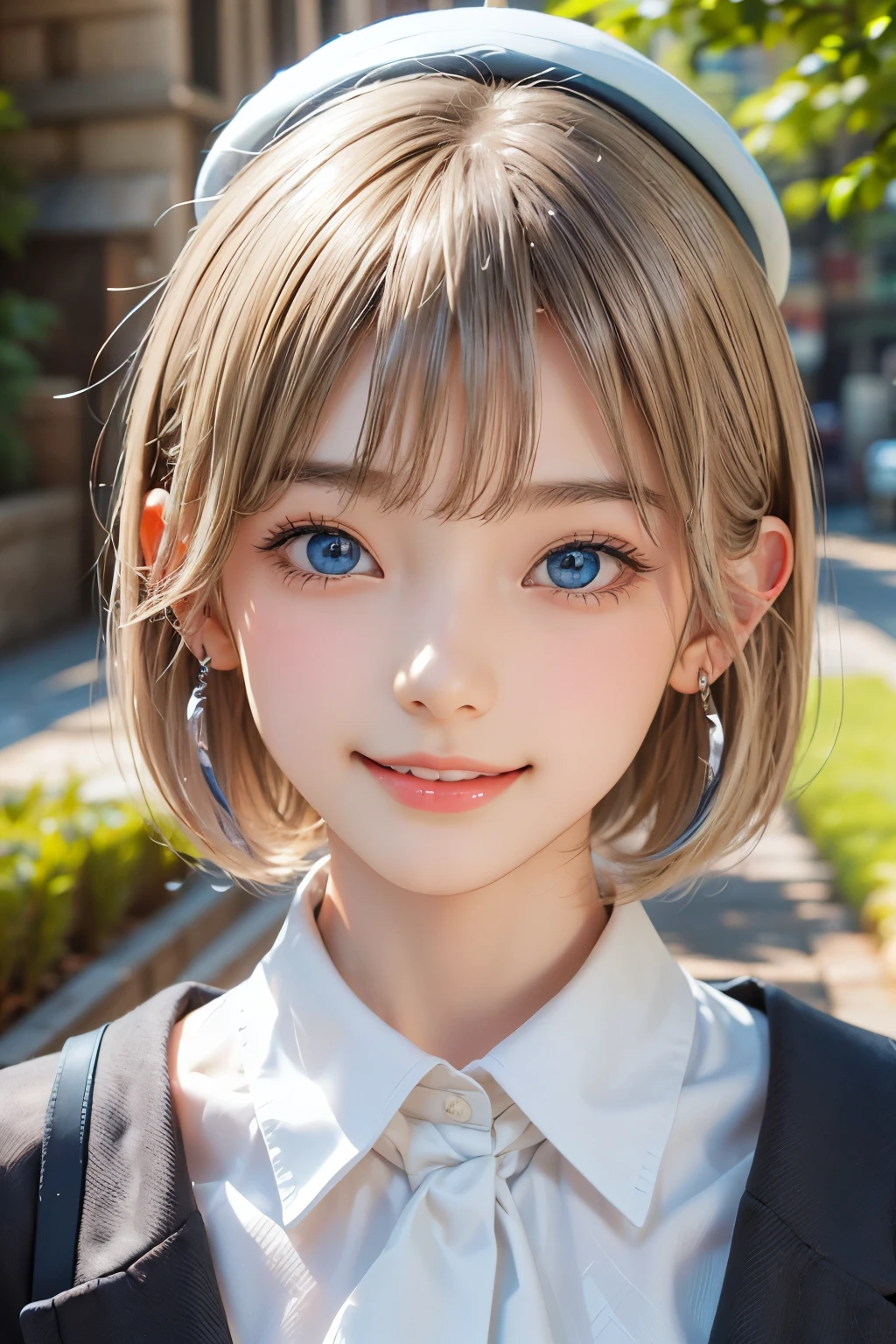 detailed face, cute face, master piece , best quality , woman , bowler hat , bangs , smile , outdoor, Shiny platinum blonde silky super short hair, side locks, beautiful shiny bangs, big clear sky blue eyes, very beautiful light eye highlights, earrings