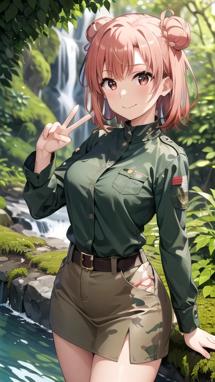(masterpiece, best quality, detailed), 1girl, solo, looking at viewer, Yuigahama Yui, short hair, single hair bun, red eyes, breasts,
wearing camouflage_uniform, jungle, nature, vines, moss, fern, tropical, dappled sunlight, parrot, waterfall, peace sign, smug, smile, closed mouth