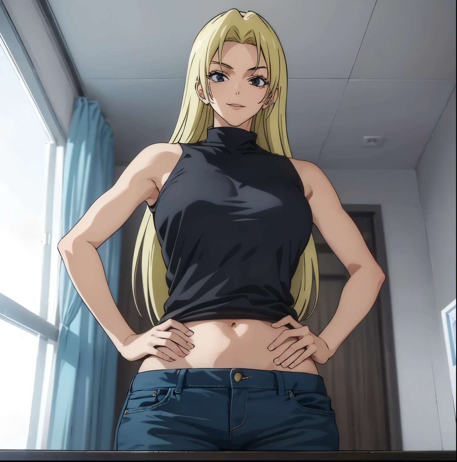 1 girl, alone, yuki tsukumo, ((best quality)), ((highly detailed)), masterpiece, detailed, large breasts, medium waist, wide hips, medium thighs, round butt, mature woman, blonde, long hair, female focus, sexy body, seductive smile, standing, room, bedroom, alone, black shirt, turtleneck, sleeveless, looking at viewer, from behind, point of view (from below), blue jeans, skinny jeans, shot cowboy, smile, hand on hip, perfect hands, perfect anatomy