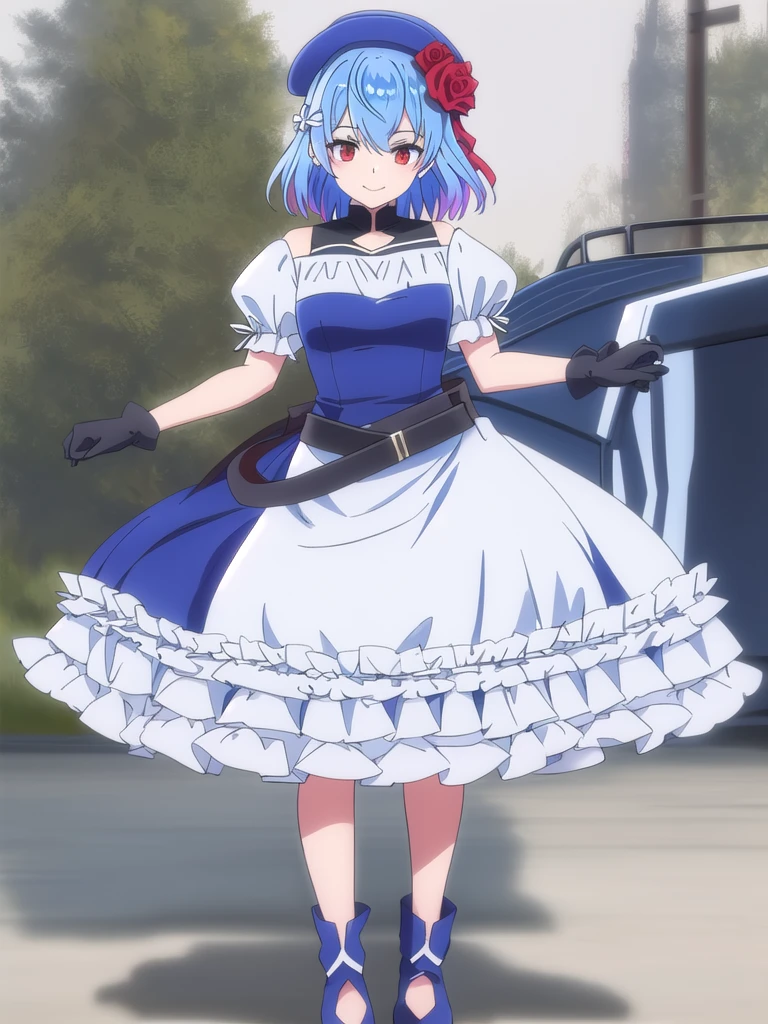 ((Best quality))), ((Ultra-detailed)), ((illustration)), ((Disheveled hair)), ((frilld)), (1 girl), (Solo), 1girl, flower, hat, rose, solo, standing, white_rose, rating:safe, belt, black_footwear, blue_dress, blue_hat, blue_headwear, boots, borzoi, clothing, cross-laced_footwear, dog, dress, female, female_only, footwear, gloves, hat_flower, headwear, short_hair, looking_at_viewer, makaria, smile, white_gloves blue_hair,red_eyes,