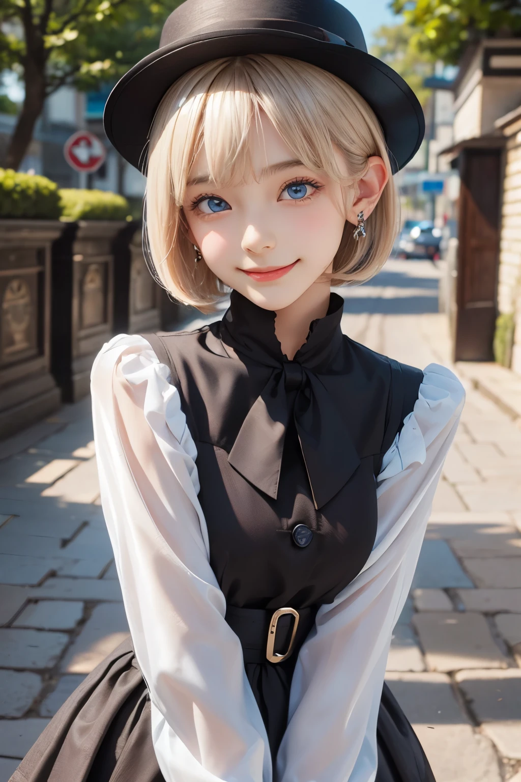 detailed face, cute face, master piece , best quality , woman , bowler hat , bangs , smile , outdoor, Shiny platinum blonde silky super short hair, side locks, beautiful shiny bangs, big clear sky blue eyes, very beautiful light eye highlights,  earrings
