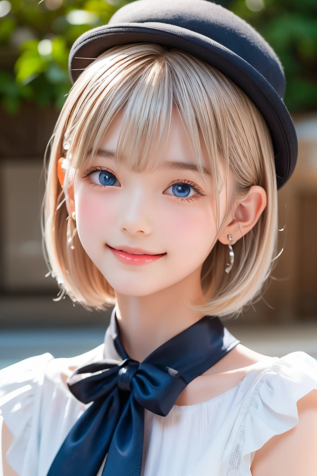 detailed face, cute face, master piece , best quality , woman , bowler hat , bangs , smile , outdoor, Shiny platinum blonde silky super short hair, side locks, beautiful shiny bangs, big clear sky blue eyes, very beautiful light eye highlights,  earrings
