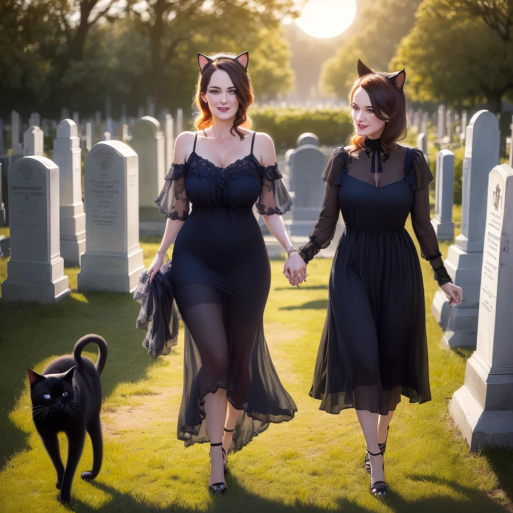 A (lovely woman (Wynona Ryder (age 20) sheer black billowing summer dress, wearing cat ears) is walking through a cemetery on a moonlit night, her black cat is nearby