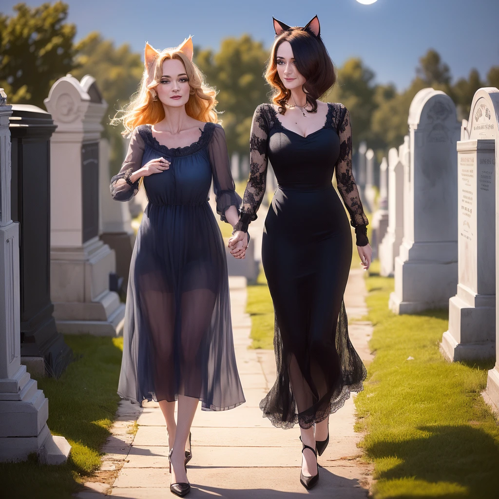 A (lovely woman (Wynona Ryder (age 20) sheer black billowing summer dress, wearing cat ears) is walking through a cemetery on a moonlit night, her black cat is nearby