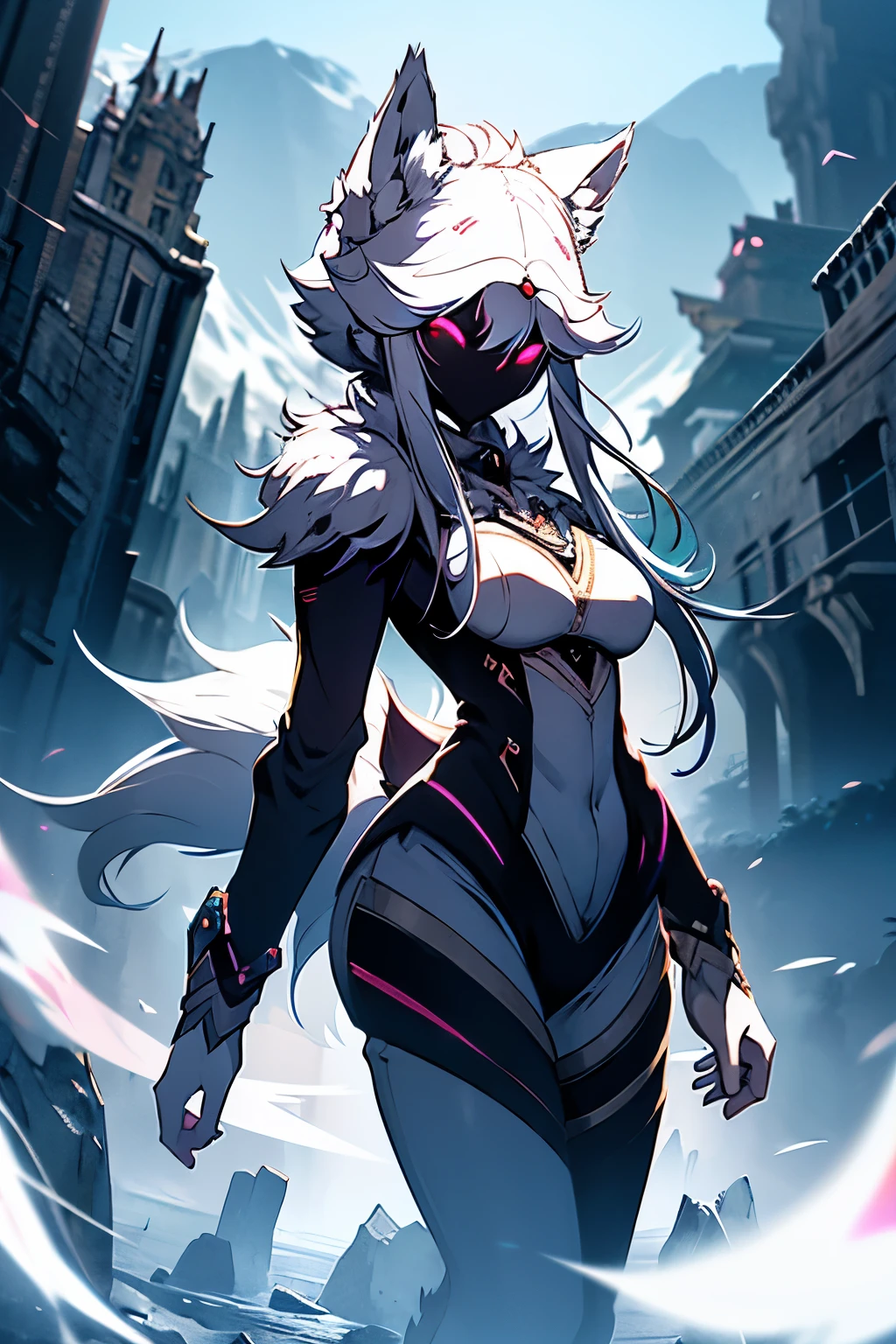 White hair, ethereal aura, serenity, wielded bow, light garments, spectral wolf, fierce nature, visual duality, soul hunters, smooth transition, agile posture, intense expression, light tones, dark tones, black facial mask.