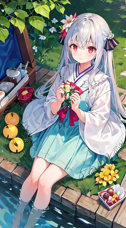 ((masterpiece, highest quality)),(One girl, alone:1.4), Silver Hair, Wine red eyes, From above, Beautiful fine details, Vivid, Cloudy, flower, Awe-inspiring flowers, Narcissus, 散るflowerびら, Sanshu dango, flower見, having a picnic