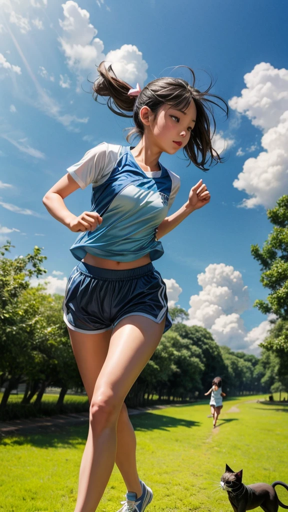 Cat and girl、Summer Park、Blue sky、White cloud、Running around