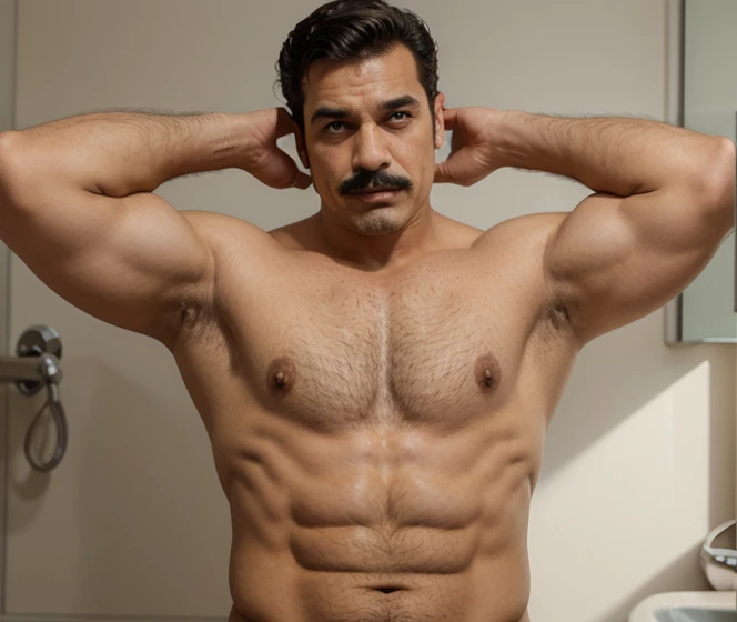 Homem branco de bigode  sem camisa de sunga musculoso