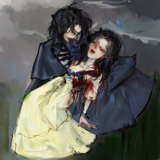 there is a drawing of a man and a woman hugging, creepy!!, fan art, Fanart ", creepy!!!, sad!, creepy, fanart, vampire, dramatic illustration, vampires, in the art style of bowater, bloody scene, as a vampire, he holds her while she sleeps, rotoscoped, nosferatu princess, colored sketch, corpse bride art style