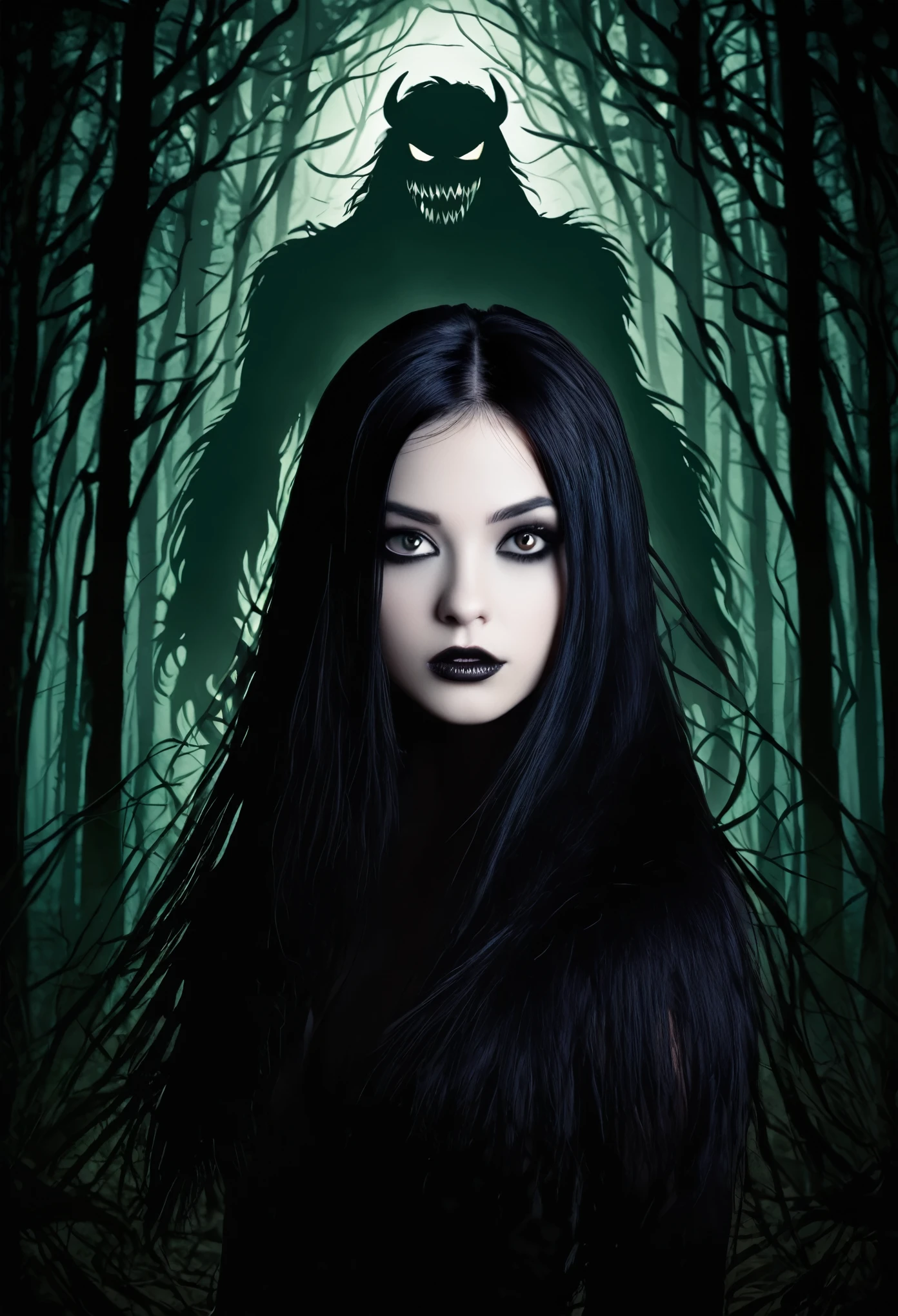 I need a cover for a dark book that has a pretty girl with long black hair and behind her a shadow like a monster. The girl has to have white skin and big black hair and black eyes she is in the forest she has to be in a forest at night with this monster she has to be a little sexual she has to be in a forest with a monster she has to be beautiful
