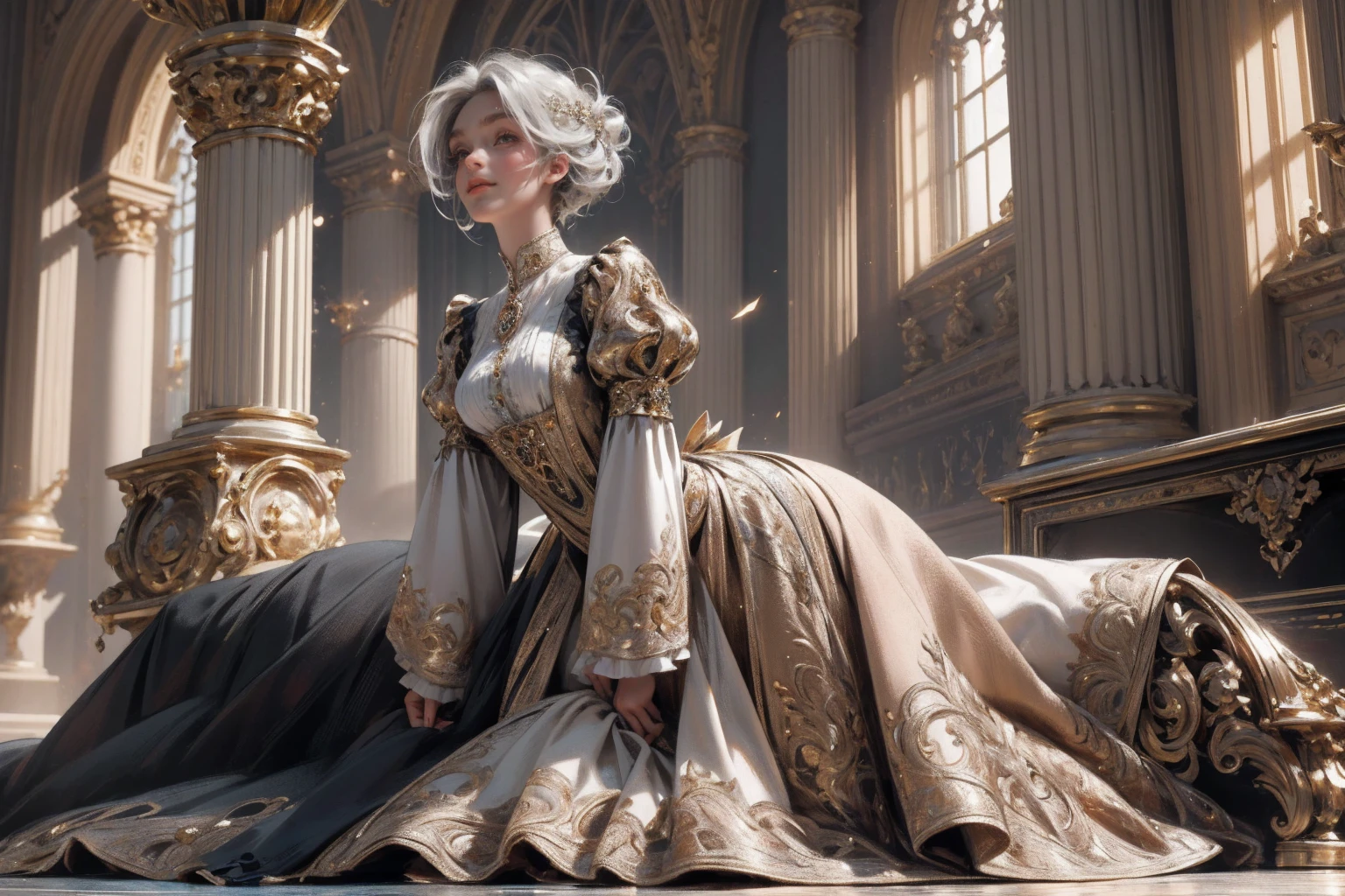 { - anatomy error}(Masterpiece - Ultra-detailed, very high resolution) Prepare to be enchanted by a true masterpiece that combines ultra-detailed art with high-resolution rendering. This work depicts a mesmerizing woman with short white hair (1.3) and captivating gray eyes (1.2), emanating an aura of elegance and mystery in Victorian settings. The intricate details and realistic textures invite you to explore every aspect of this enchanting composition. Woman wearing beautiful classic Victorian costume from the year 1878. Red lips. Happy face. Smiling. light brown (gold) dress. Laying on the ground, whole body. dynamic poses. Get ready to dive into a world where beauty and craftsmanship merge perfectly, kissing a black man.