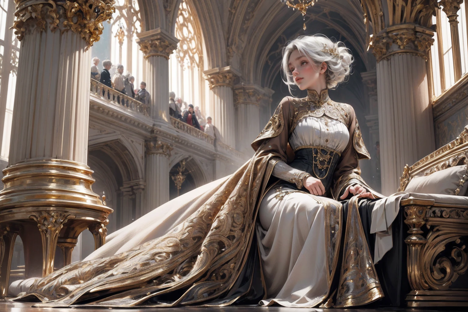 { - anatomy error}(Masterpiece - Ultra-detailed, very high resolution) Prepare to be enchanted by a true masterpiece that combines ultra-detailed art with high-resolution rendering. This work depicts a mesmerizing woman with short white hair (1.3) and captivating gray eyes (1.2), emanating an aura of elegance and mystery in Victorian settings. The intricate details and realistic textures invite you to explore every aspect of this enchanting composition. Woman wearing beautiful classic Victorian costume from the year 1878. Red lips. Happy face. Smiling. light brown (gold) dress. Laying on the ground, whole body. dynamic poses. Get ready to dive into a world where beauty and craftsmanship merge perfectly, kissing a black man.