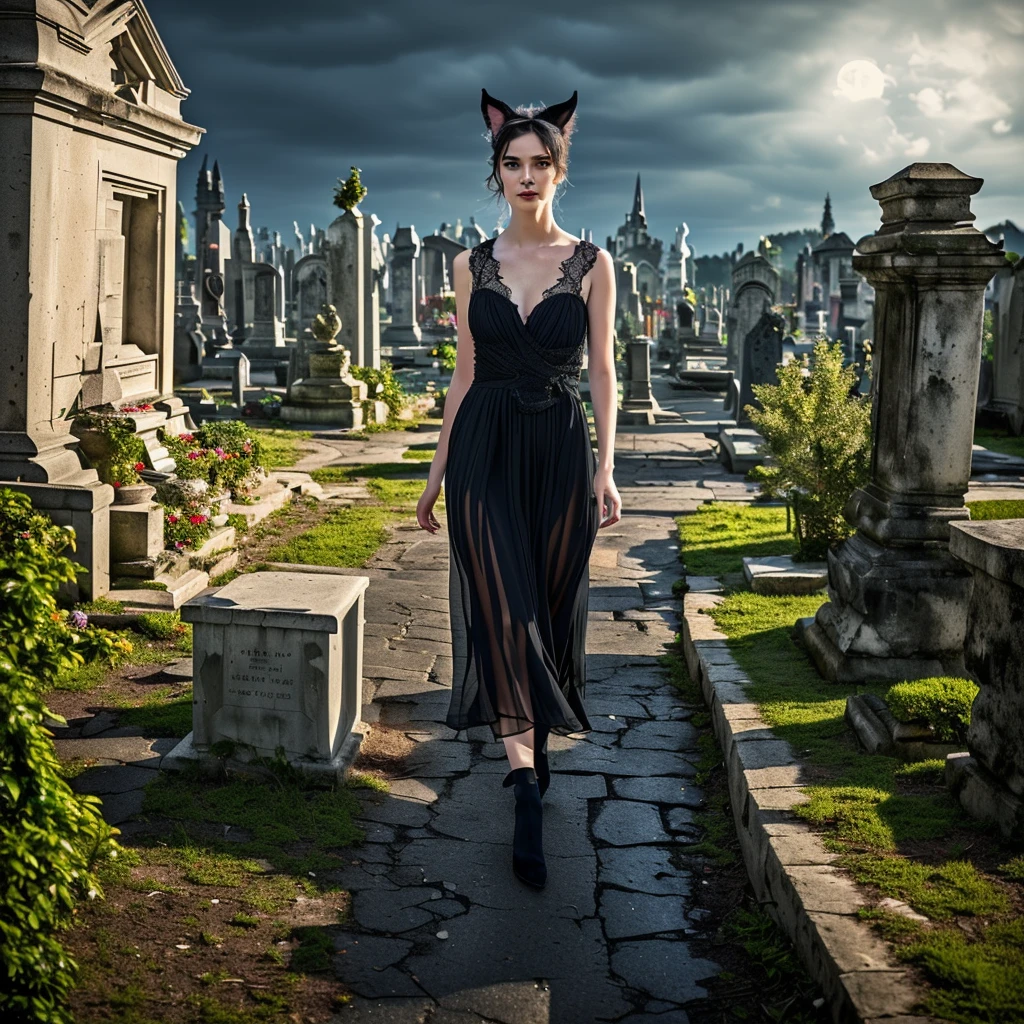 a lovely woman, wynona ryder (age 20), sheer black billowing summer dress, wearing cat ears, walking through a cemetery on a moonlit night, black cat nearby, intricate details, cinematic lighting, ethereal, dreamlike, moody, atmospheric, dark fantasy, gothic, dramatic, romantic, beautiful, elegant, graceful, serene, melancholic, (best quality,4k,8k,highres,masterpiece:1.2),ultra-detailed,(realistic,photorealistic,photo-realistic:1.37),HDR,UHD,studio lighting,ultra-fine painting,sharp focus,physically-based rendering,extreme detail description,professional,vivid colors,bokeh