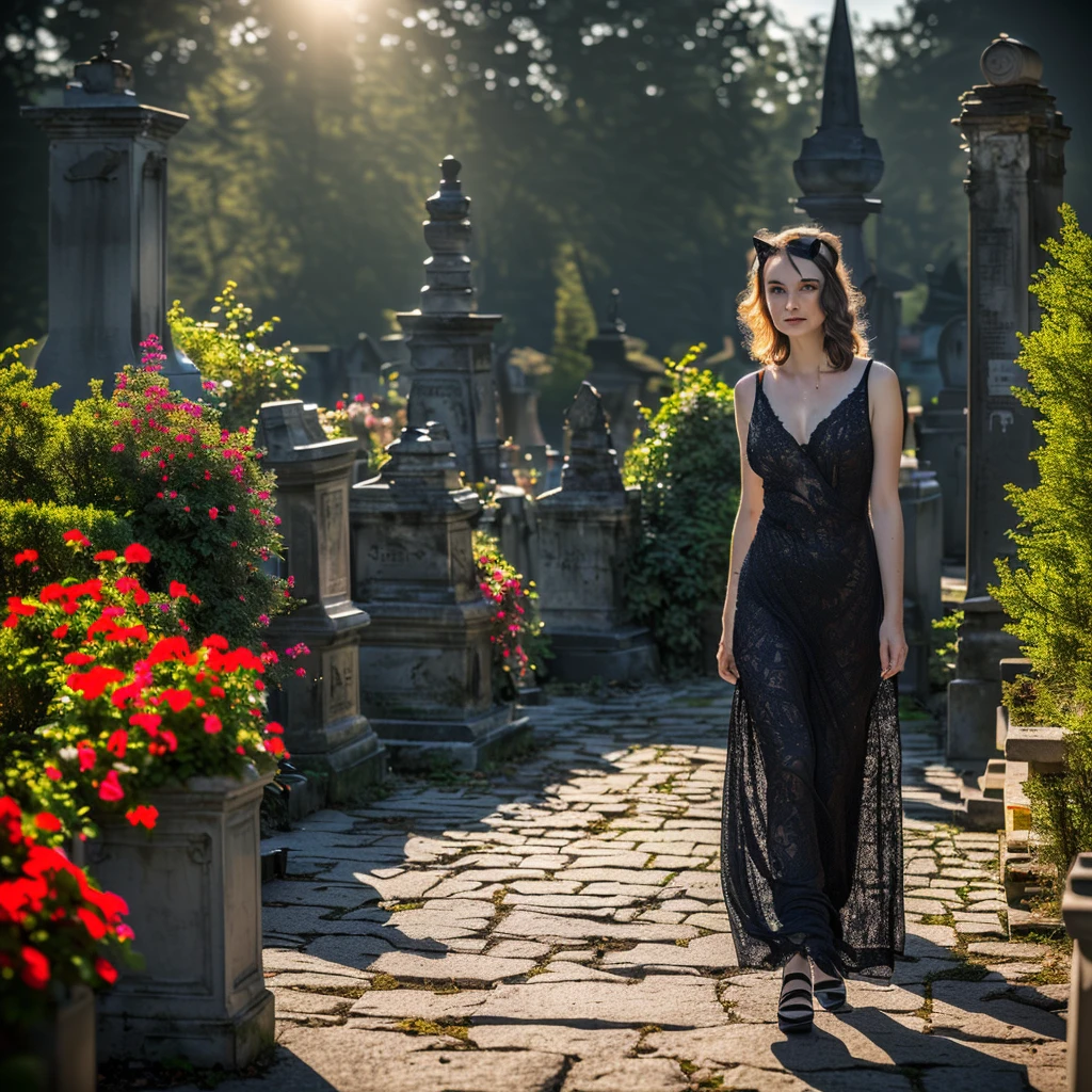 a lovely woman, wynona ryder (age 20), sheer black billowing summer dress, wearing cat ears, walking through a cemetery on a moonlit night, black cat nearby, intricate details, cinematic lighting, ethereal, dreamlike, moody, atmospheric, dark fantasy, gothic, dramatic, romantic, beautiful, elegant, graceful, serene, melancholic, (best quality,4k,8k,highres,masterpiece:1.2),ultra-detailed,(realistic,photorealistic,photo-realistic:1.37),HDR,UHD,studio lighting,ultra-fine painting,sharp focus,physically-based rendering,extreme detail description,professional,vivid colors,bokeh