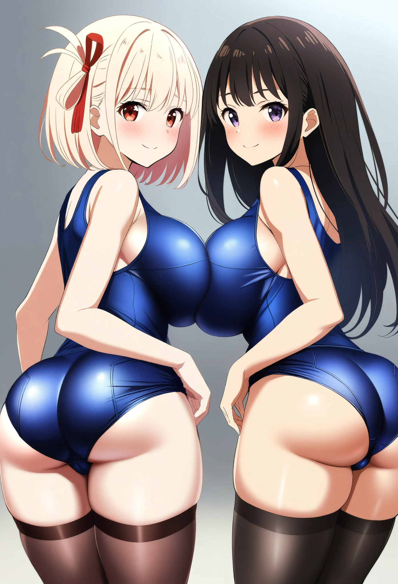 2girls, nishikigi chisato, inoue takina, lycoris recoil, couple, perfect anatomy, symmetry, from behind, (sukumizu, school swimsuit), thighhighs, big ass, looking at viewer, shy, blush, smile, masterpiece, best quality, very aesthetic, absurdres, anime, huge breasts,