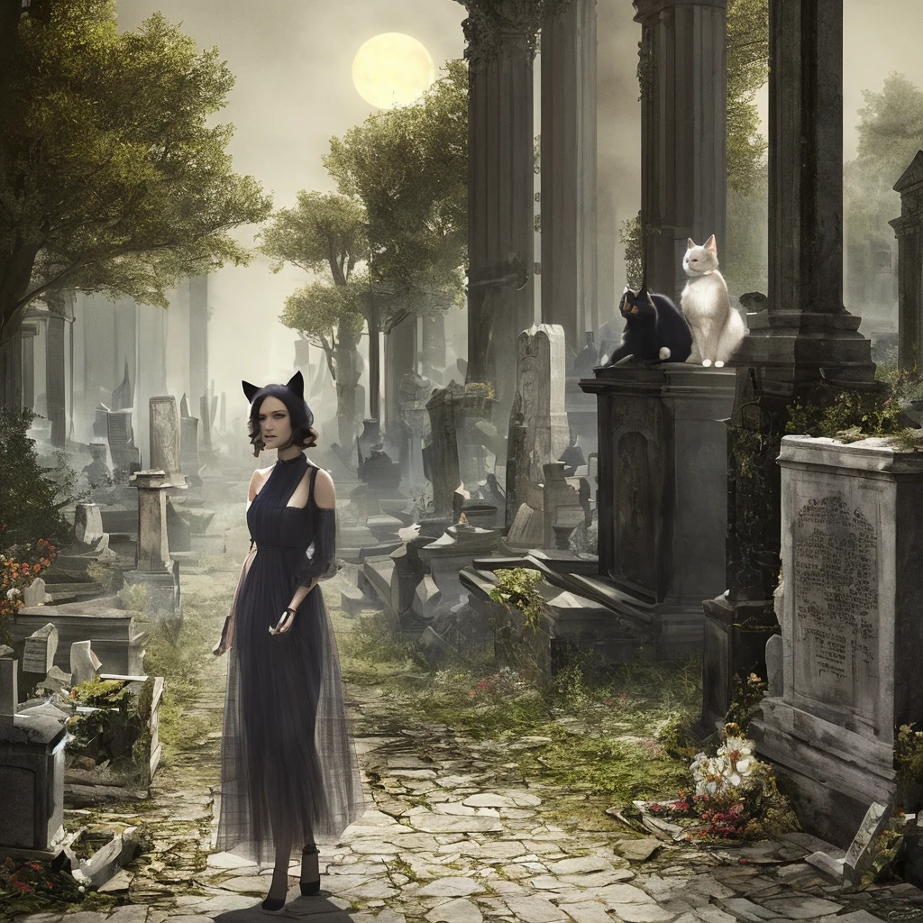 A lovely young woman with Wynona Ryder's features, wearing a sheer black billowing summer dress and cat ears, walking through a moonlit cemetery, her black cat nearby, detailed portrait, realistic, photorealistic, 8k, high quality, masterpiece, dramatic lighting, cinematic, dark moody atmosphere, ethereal, mystical, magical realism