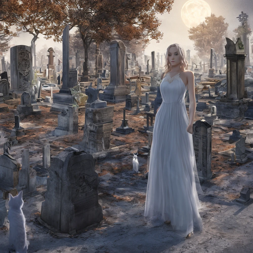 A lovely young woman with Wynona Ryder's features, wearing a sheer black billowing summer dress and cat ears, walking through a moonlit cemetery, her black cat nearby, detailed portrait, realistic, photorealistic, 8k, high quality, masterpiece, dramatic lighting, cinematic, dark moody atmosphere, ethereal, mystical, magical realism