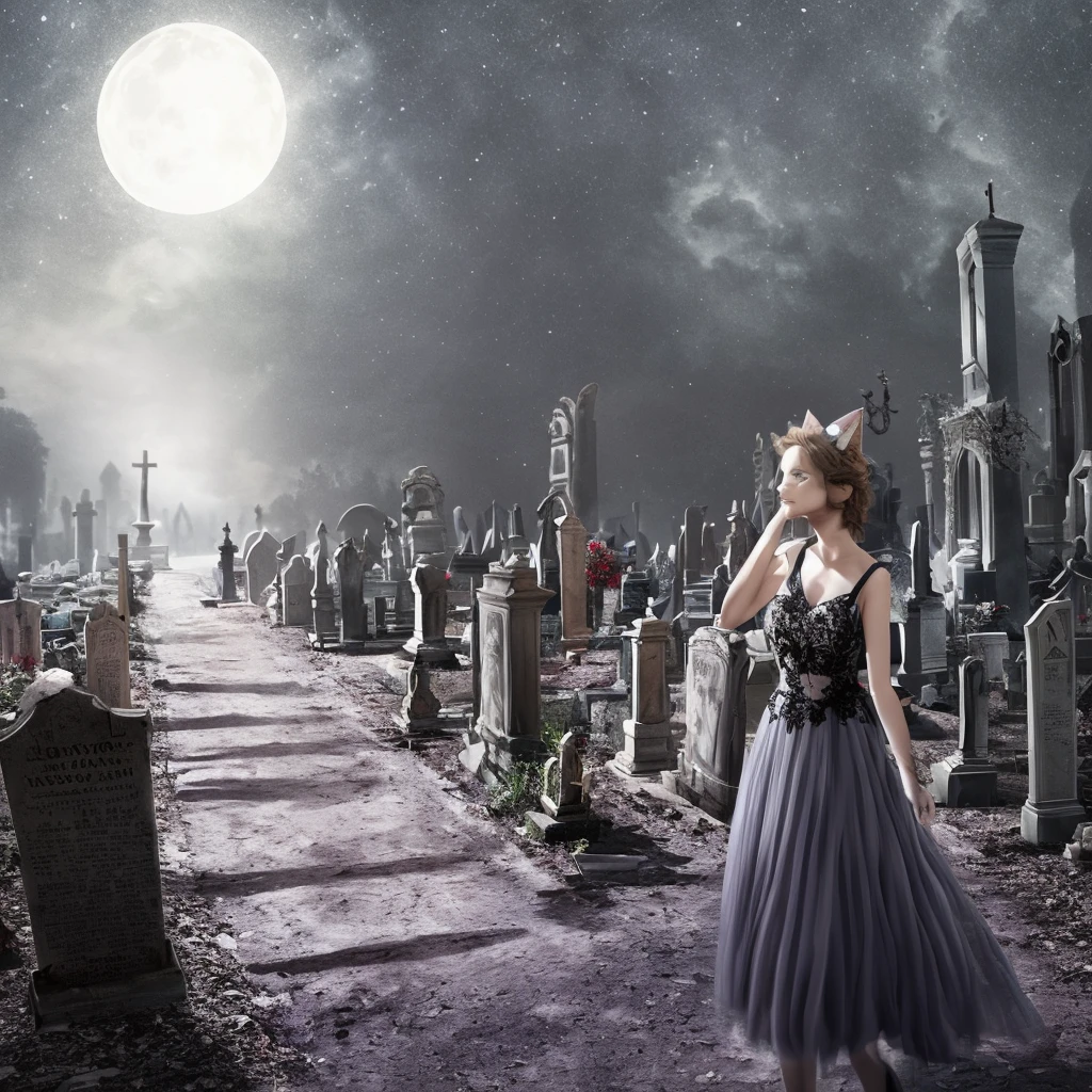 A lovely young woman with Wynona Ryder's features, wearing a sheer black billowing summer dress and cat ears, walking through a moonlit cemetery, her black cat nearby, detailed portrait, realistic, photorealistic, 8k, high quality, masterpiece, dramatic lighting, cinematic, dark moody atmosphere, ethereal, mystical, magical realism