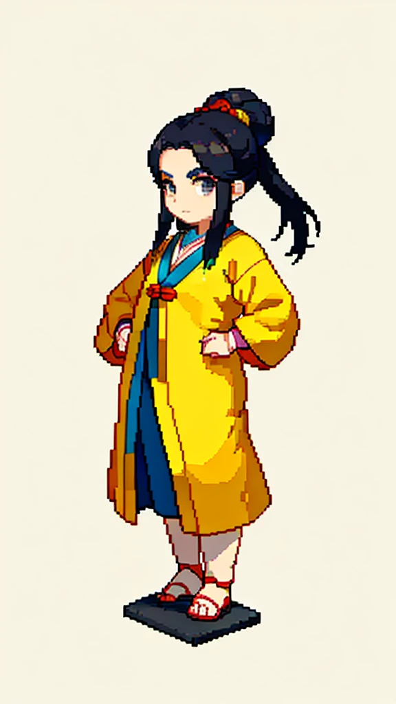 Old man in ancient Chinese costume、Wise Old Man、Looking into the camera、Her hair is tied in a bun、Only one topknot、Long sleeve、Hanfu、Black Hair、Stand and pose、Pixel art、(masterpiece, highest quality, highest quality), pixel,pixel art,whole body,Characters in Romance of the Three Kingdoms、Transform、(beard)、Short Deformation、Old man with long beard