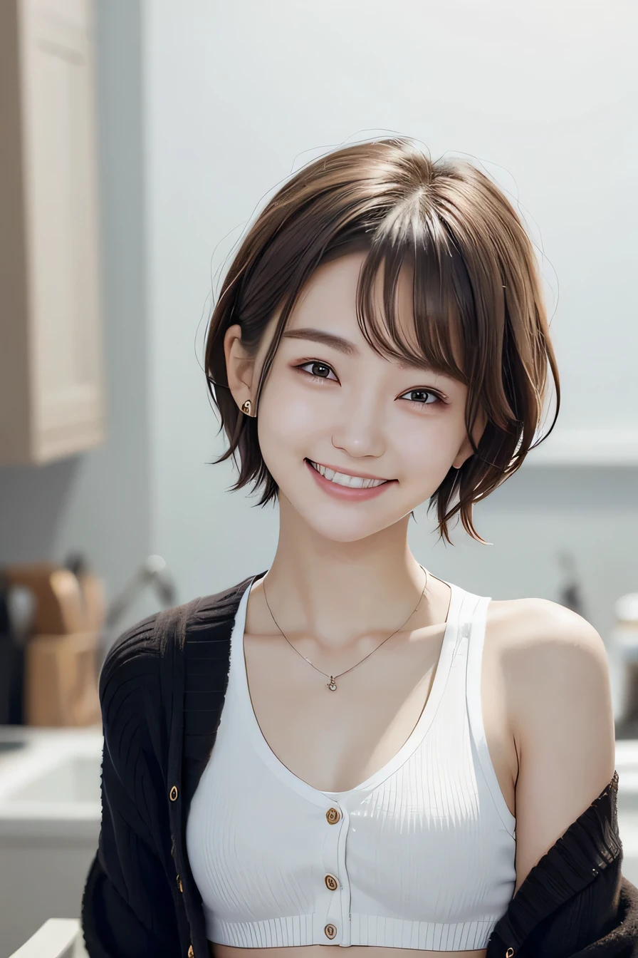 205 ((short hair)), 20-year-old female, In underwear、Put a cardigan over your shoulders、 A refreshing smile、Beautiful teeth alignment、Mask on mouth、Dark brown hair、ear piercing、Necklace around the neck、Looking into the camera