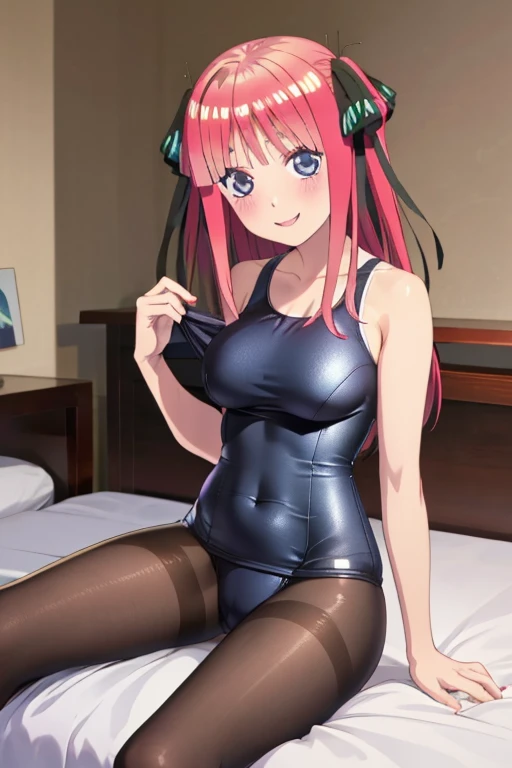 best quality, ultra-detailed masterpiece, nino nakano, one-piece swimsuit, breasts, pantyhose, blush, smile, cushion, bed room