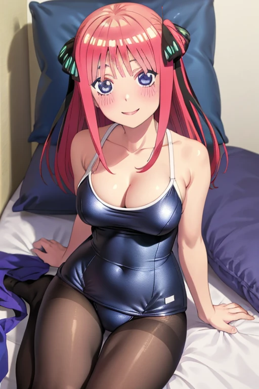 best quality, ultra-detailed masterpiece, nino nakano, one-piece swimsuit, breasts, pantyhose, blush, smile, cushion, bed room