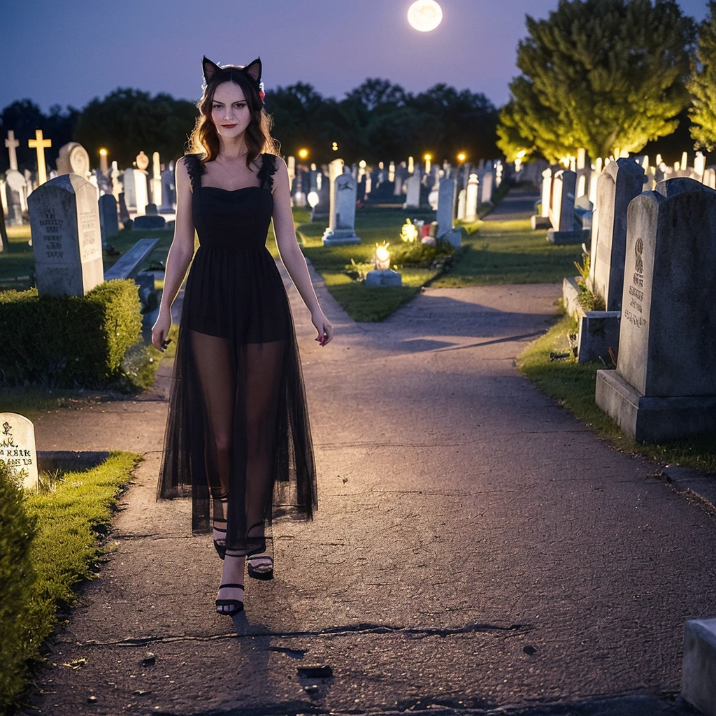 A (lovely woman (Wynona Ryder (age 20) sheer black billowing summer dress, wearing cat ears) is walking through a cemetery on a moonlit night, her black cat is nearby
