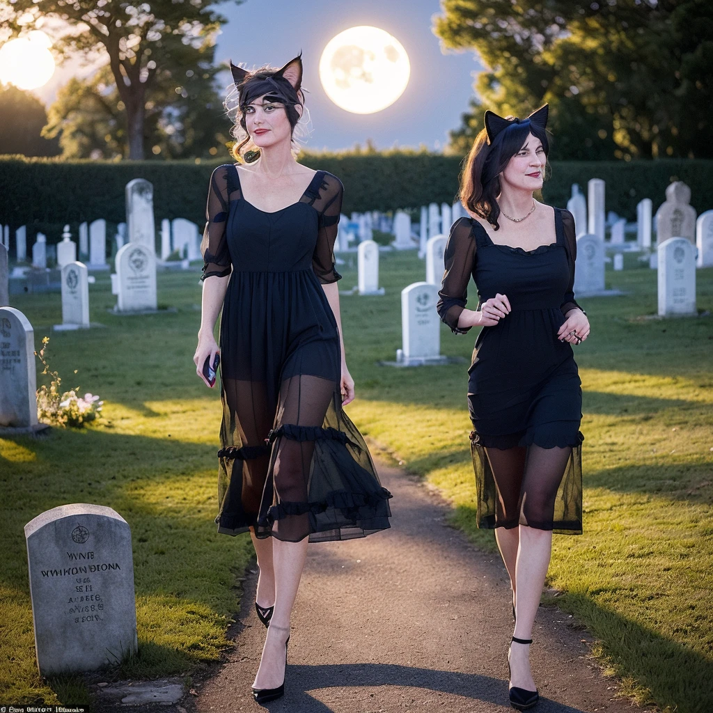 A (lovely woman (Wynona Ryder (age 20) sheer black billowing summer dress, wearing cat ears) is walking through a cemetery on a moonlit night, her black cat is nearby
