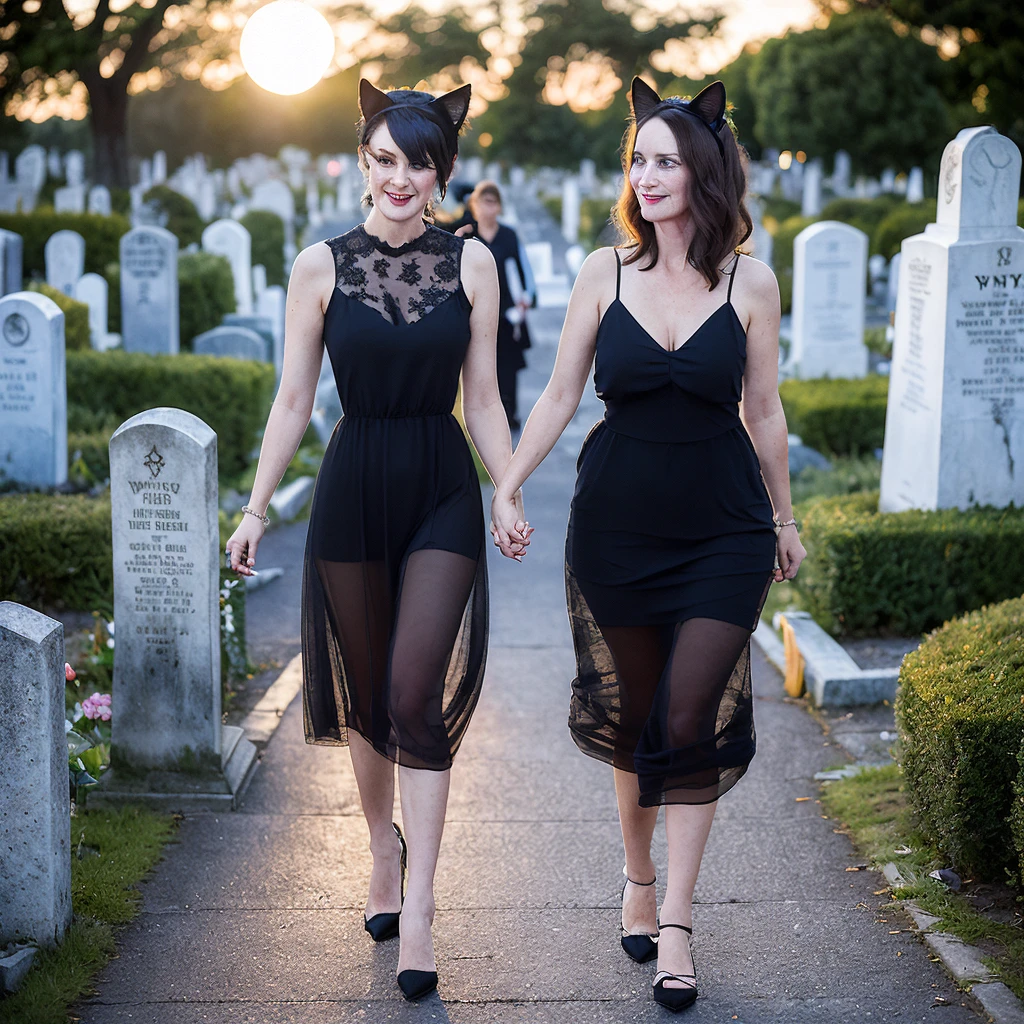 A (lovely woman (Wynona Ryder (age 20) sheer black billowing summer dress, wearing cat ears) is walking through a cemetery on a moonlit night, her black cat is nearby
