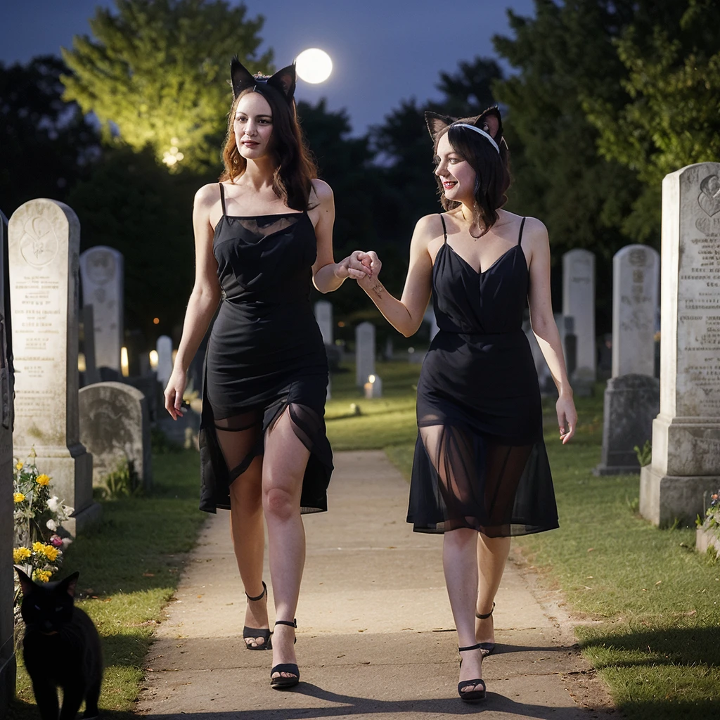 A (lovely woman (Wynona Ryder (age 20) sheer black billowing summer dress, wearing cat ears) is walking through a cemetery on a moonlit night, her black cat is nearby
