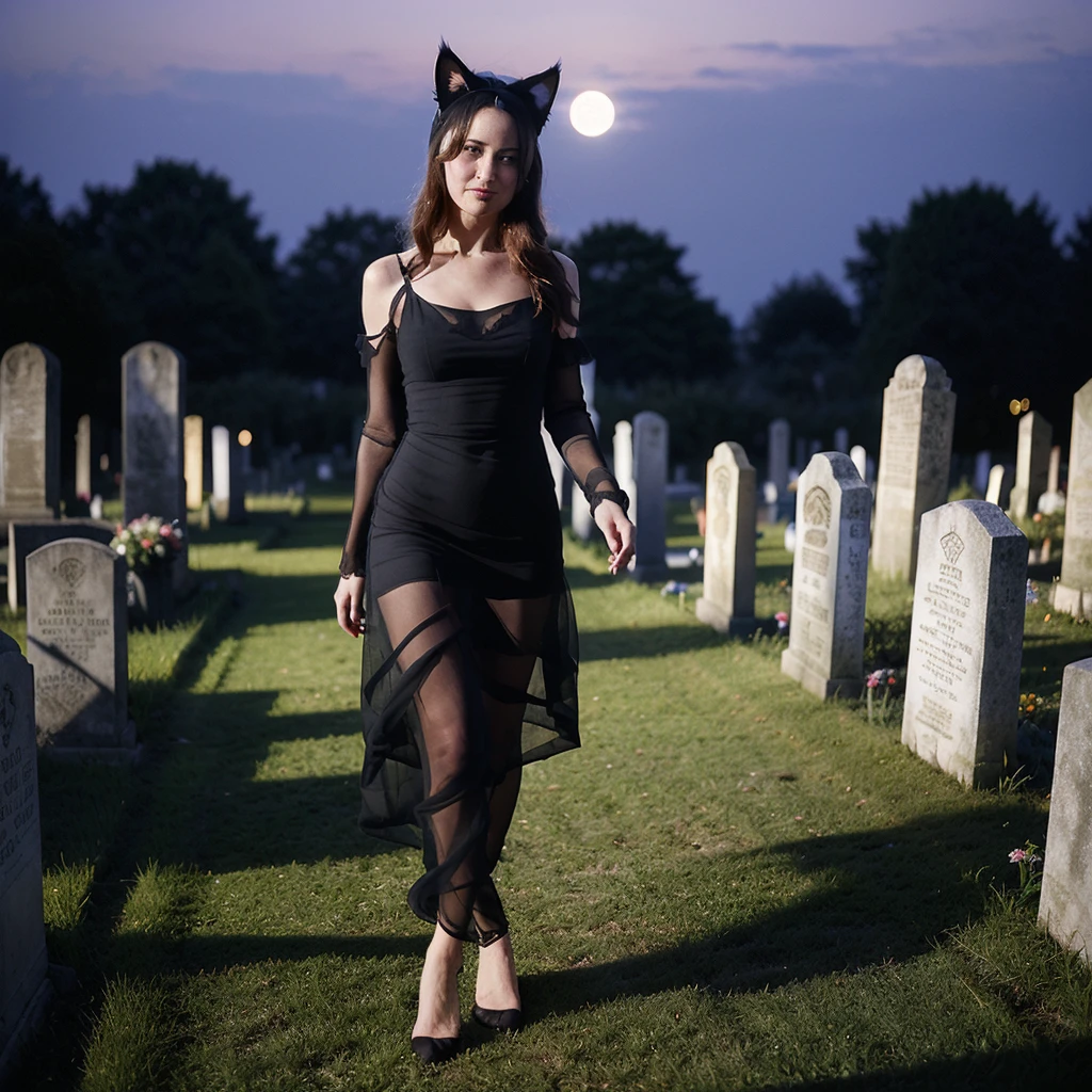 A (lovely woman (Wynona Ryder (age 20) sheer black billowing summer dress, wearing cat ears) is walking through a cemetery on a moonlit night, her black cat is nearby
