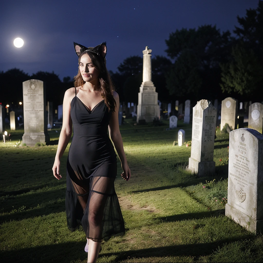 A (lovely woman (Wynona Ryder (age 20) sheer black billowing summer dress, wearing cat ears) is walking through a cemetery on a moonlit night, her black cat is nearby
