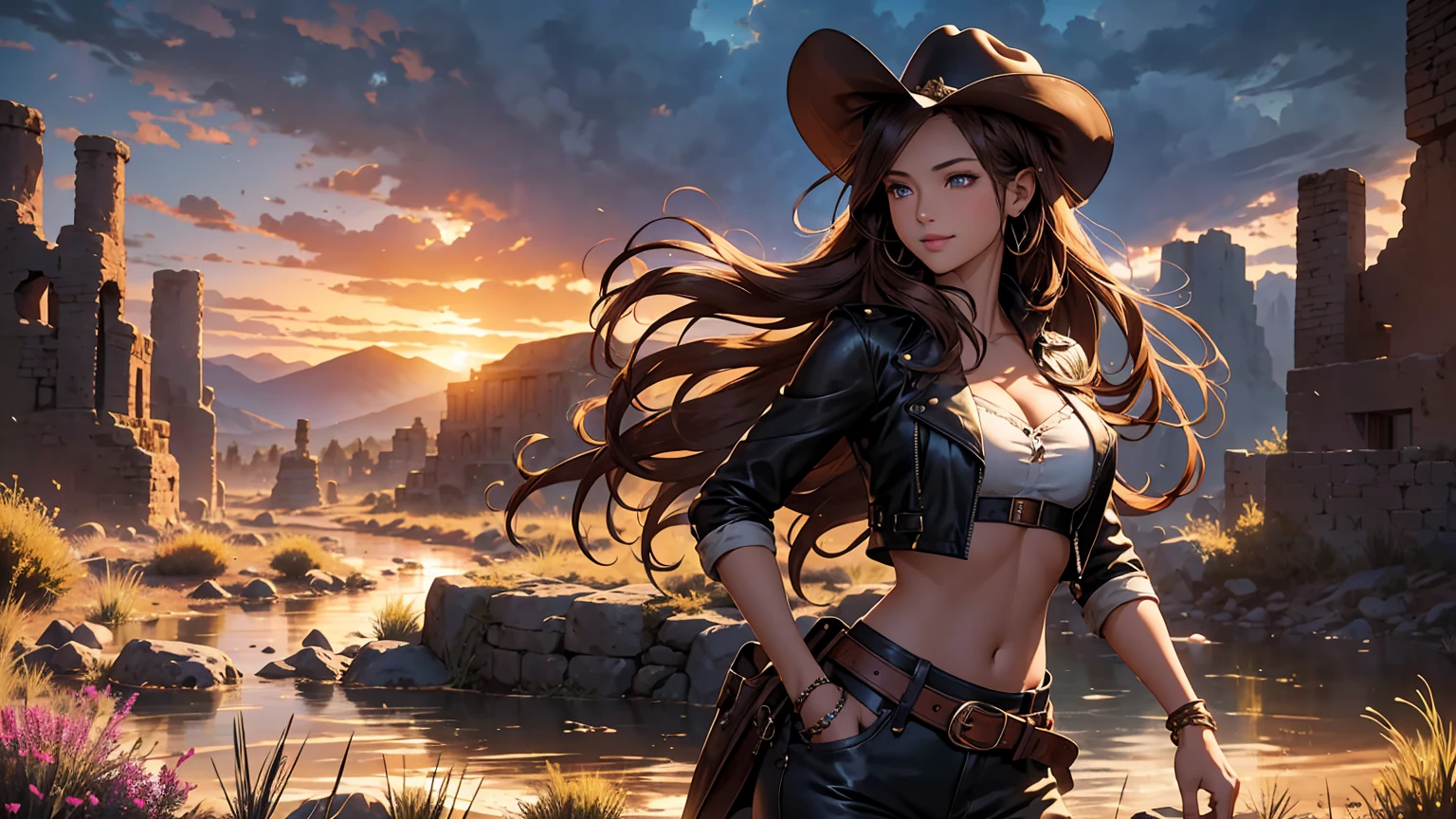 Arte de anime Genshin Impact: ((masterpiece: 1.2, 16k, super detail, best quality, accurate, high resolution, high quality)), (Wallpaper), Young cute cowgirl, age 18, super model, smiling, short brown leather jacket with open front, cowboy belt, brown cowboy hat, leather boots, braided hair, elegant posture, elegant cowgirl in the spotlight, illustrative style inspiration from the Charles Marion Russell, freedom, strength, confidence, full body portrait, standing, top model pose, seductive expression, Full breasts, Tight shirt, Midriff, beautiful latin girl, looking at the spectators, beautiful and charming girl, perfect clean model face, exquisite facial features, detailed face, clear facial expressions, long wavy hair, gradient hair, beautiful detailed eyes, piercing and enchanting eyes, luscious lips, beautiful detailed glossy lips, rosy cheek, enchanting smile, perfect body, slim waist, dynamic poses, solo girl, wild west setting, plain of the American West, wide and warm old sky, the sunset, a desert with dry soil and sparse thorn trees, rocky mountains, winding river with vegetation on the banks, rusty railway track, rock formations, ruins of a miner's cabin, dilapidated railroad, complex background, very detailed illustration, Ultra-detailed CG, professional art, vibrant appearance, raw photo, (a majestic vision), (dramatic photo:1.4), cinematic, (HDR:1.5), (intricate details:1.1), natural colors, splendid lighting effects, (dramatic light), (Cinematic lighting), epic and surrealistic anime, detailed anime digital art, anime digital art, high-quality anime art style, award winning,