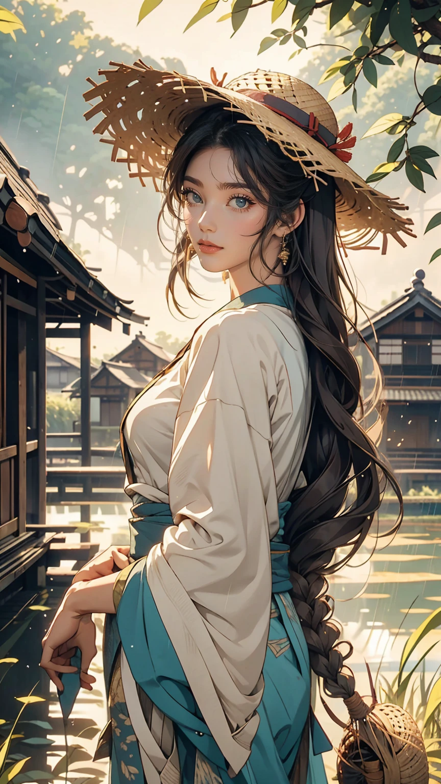 Paddy fieldを歩いている女性ががいる, Wearing a straw hat、in the background is a hut with Paddy field, Paddy field, Paddy fieldに植えられたきれいな稲の苗, hazey rain, village, agriculture, In a quiet landscape, hazey weather, In a vast and peaceful landscape, early morning, in the morning haze, 小さなvillageの裏, haze, Japanese countryside, Thatched roof --v 6