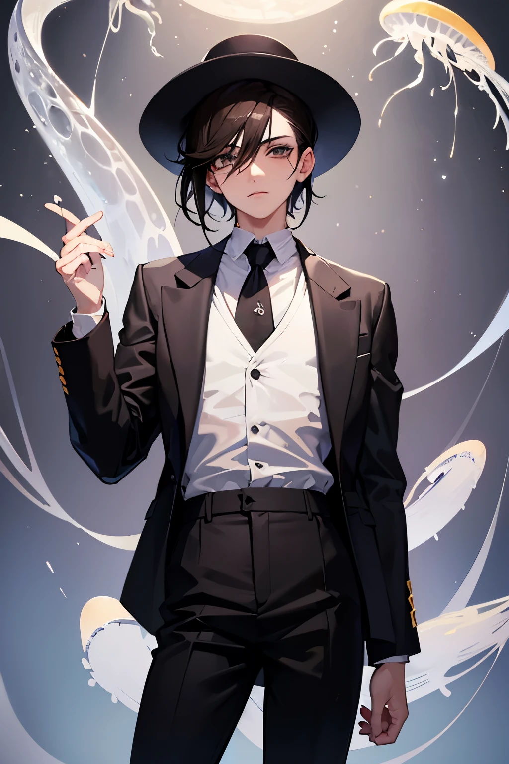 ((mejor calidad)), ((obra maestra)), ((estilo anime)), 21-year-old man, cara perfecta, tez de piel blanca, ojos negros penetrantes y rasgados, lleva sombrero negro que cubre un poco sus ojos, long brown hair with jellyfish cut haircut, tiene rasgos delicados, hermosos, lindos y atractivos, lleva un saco negro, camisa blanca, corbata negra, pantalones negros, He has a white bandage on his left wrist, fondo gris.