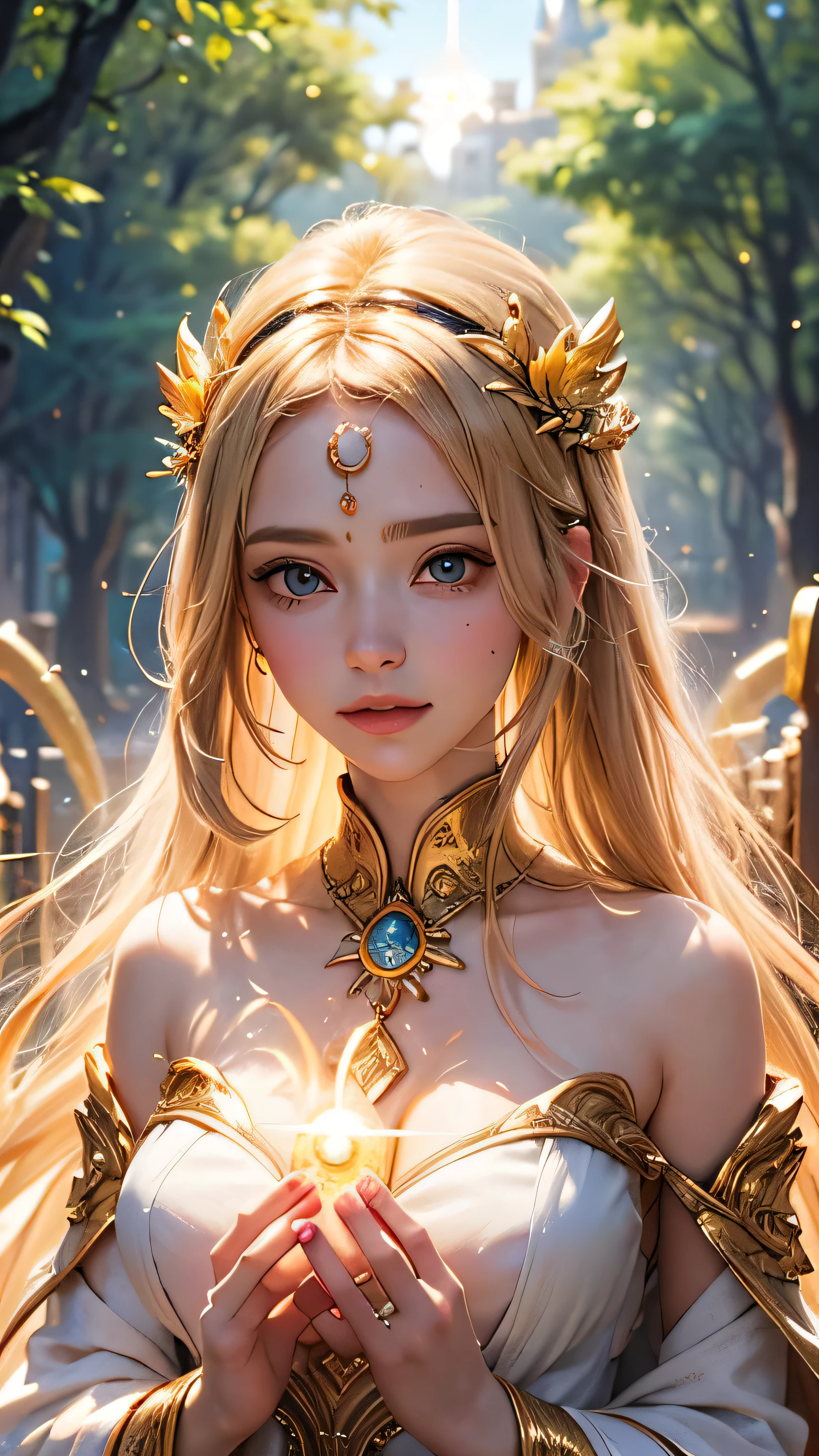 "Maiden of the Sun": Within a sacred sanctuary bathed in sunlight, depict the figure of a sun goddess, facing forward and emanating divine radiance, with golden hair, as she gazes towards us. Zoom in to focus on her face, with light orbs gleaming in her hands, representing the life-giving power of the sun. The background should be predominantly pink, evoking a sense of divine splendor. The setting is in heaven, enveloped in soft, bright light, where one can find tranquility and peace of mind, free from any trace of anxiety. Additionally, the light emanating from her hands should take the form of radiant hearts, resting gently on the palm of her hands.