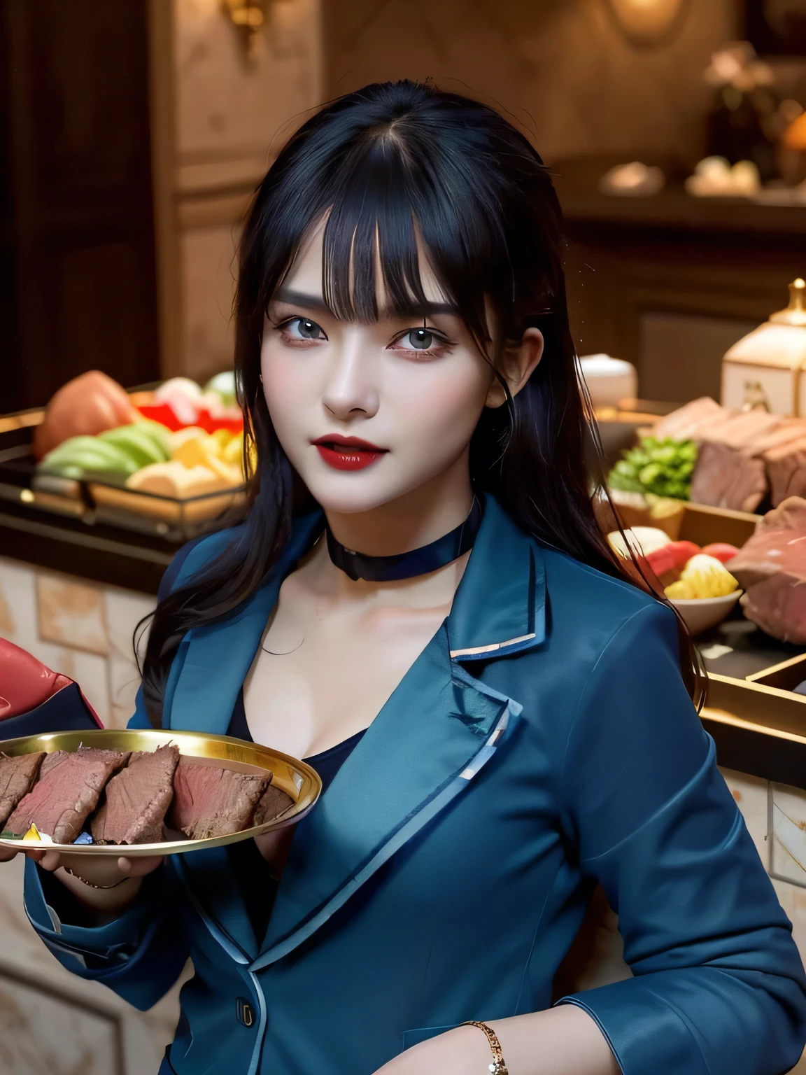 (highest quality, masterpiece:1.3, 超A high resolution), (Very detailed, Caustics), (Realistic:1.4,RAW shooting,)Ultra-Realistic Capture,Very detailed,High resolution 16k, Human skin close-up, The skin texture is natural, It must be detailed enough to be easily identifiable.。 Skin should look healthy and have an even tone。 Use natural light and color, ((Dark Blue Blazer:1.4)), ((the body is slim)), girl, Japanese, 18-year-old, cute, Long Hair, Big Breasts, smile, Turn your body forward, (View from the front:1.1), Looking into the camera,vision, focused on the chest, Light brown hair, ((Black choker)), very long, bushy eyelashes, blue eyes, bangs、Luxury Hotel Lounge, Marble wall, sofa, ((Beef on a tray, luxurious counter, over the counter:1.4)), Big Breasts, Red lips, The background is marble wall, Red lips、((Vampire Fangs)), Fantasy