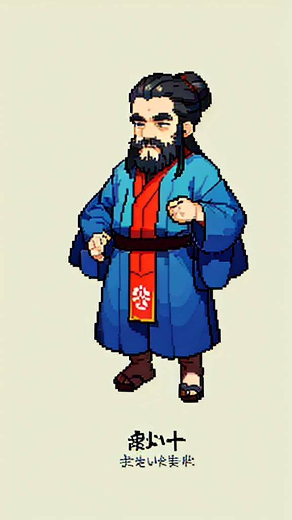 Old man in ancient Chinese costume、Wise Old Man、Looking into the camera、His hair is tied in a bun、Only one topknot、Long sleeve、Hanfu、Black Hair、Stand and pose、Pixel art、(masterpiece, highest quality, highest quality), pixel,pixel art,whole body,Characters in Romance of the Three Kingdoms、Transform、(beard)、Short Deformation、Old man with long beard