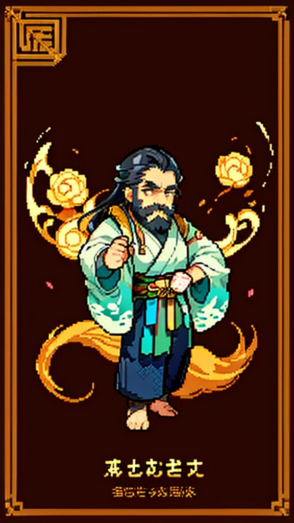Old man in ancient Chinese costume、Wise Old Man、Looking into the camera、His hair is tied in a bun、Only one topknot、Long sleeve、Hanfu、Black Hair、Stand and pose、Pixel art、(masterpiece, highest quality, highest quality), pixel,pixel art,whole body,Characters in Romance of the Three Kingdoms、Transform、(beard)、Short Deformation、Old man with long beard