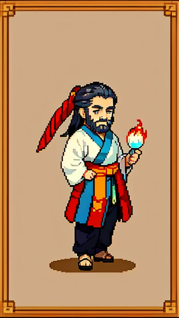 Old man in ancient Chinese costume、Wise Old Man、Looking into the camera、His hair is tied in a bun、Only one topknot、Long sleeve、Hanfu、Black Hair、Stand and pose、Pixel art、(masterpiece, highest quality, highest quality), pixel,pixel art,whole body,Characters in Romance of the Three Kingdoms、Transform、(beard)、Short Deformation、Old man with long beard