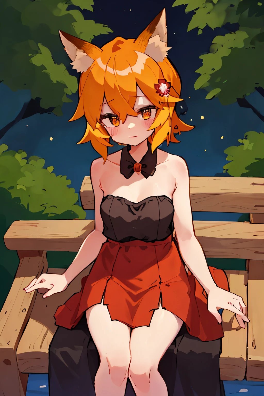 masterpiece, best quality, highly detailed, sen, animal ears, fox ears, fox girl, fox tail, hair flower, hair ornament, orange eyes, orange hair, short hair, tail, blush, looking at viewer, , girl, small breasts, detailed hands, keqing (opulent splendor) (genshin impact), official alternate costume, dress, night, strapless dress, looking at viewer, cleavage, black dress, strapless, bare shoulders, bangs, bow, detached collar, ribbon, double bun, two-tone dress, hair ornament, black bow, hair ribbon, blue dress, bowtie, sitting on bench