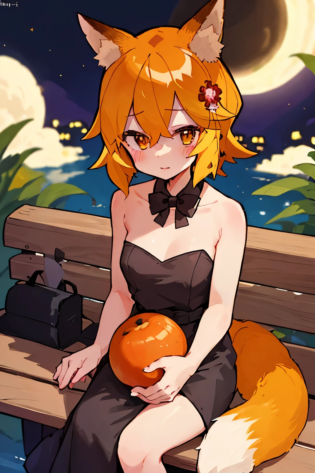 masterpiece, best quality, highly detailed, sen, animal ears, fox ears, fox girl, fox tail, hair flower, hair ornament, orange eyes, orange hair, short hair, tail, blush, looking at viewer, , girl, small breasts, detailed hands, keqing (opulent splendor) (genshin impact), official alternate costume, dress, night, strapless dress, looking at viewer, cleavage, black dress, strapless, bare shoulders, bangs, bow, detached collar, ribbon, double bun, two-tone dress, hair ornament, black bow, hair ribbon, blue dress, bowtie, sitting on bench