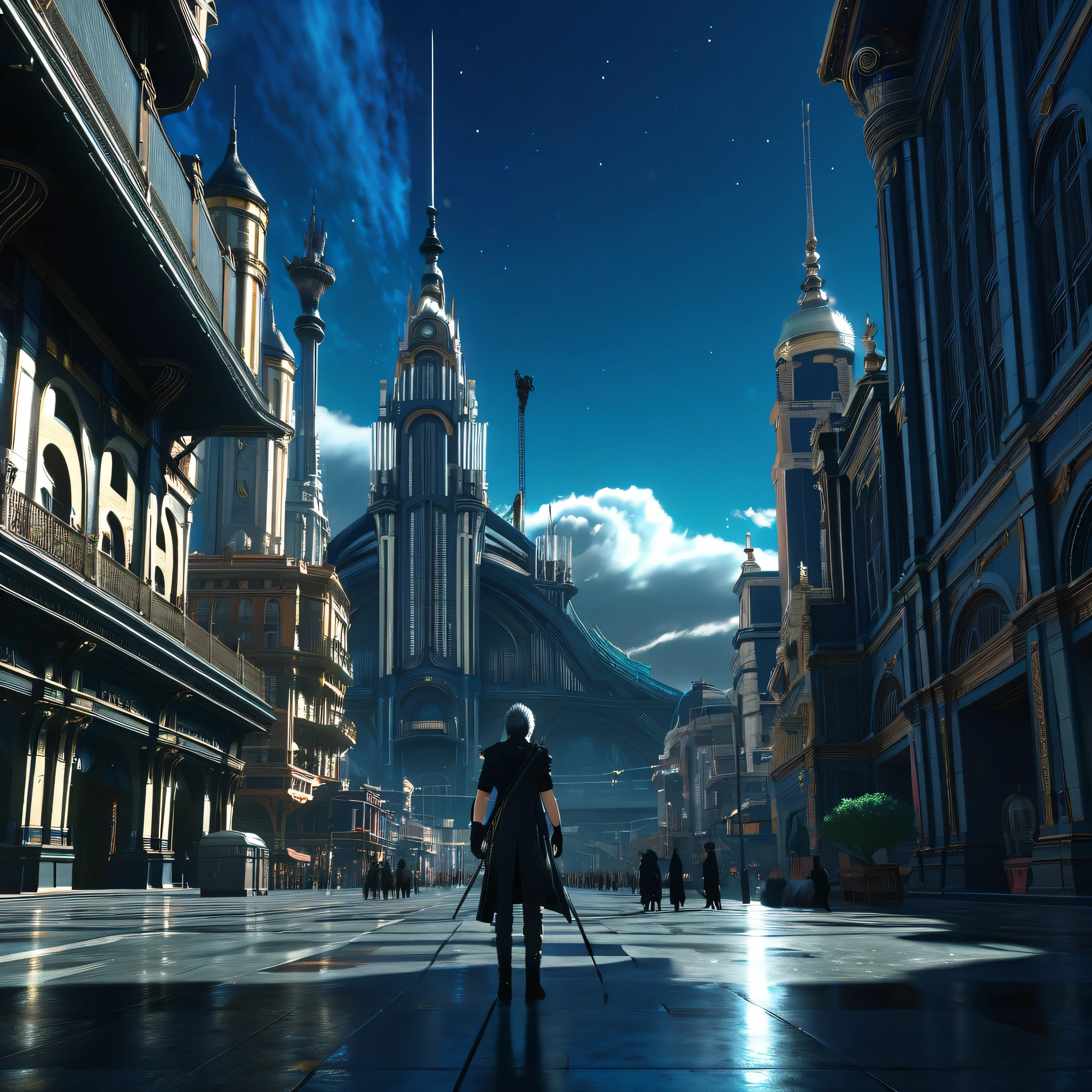 Insomnia,Final Fantasy xv, a very detailed, very realistic city with colossal buildings, enclosing in full HD, square enix final fantasy,Surrealism, drop shadow, anaglyph, stereogram, tachi-e, pov, atmospheric perspective, depth of field, chiaroscuro, motion blur, sparkle, 8k, super detail, best quality, UHD, masterpiece, anatomically correct, high quality, award winning, 8k, high details, accurate