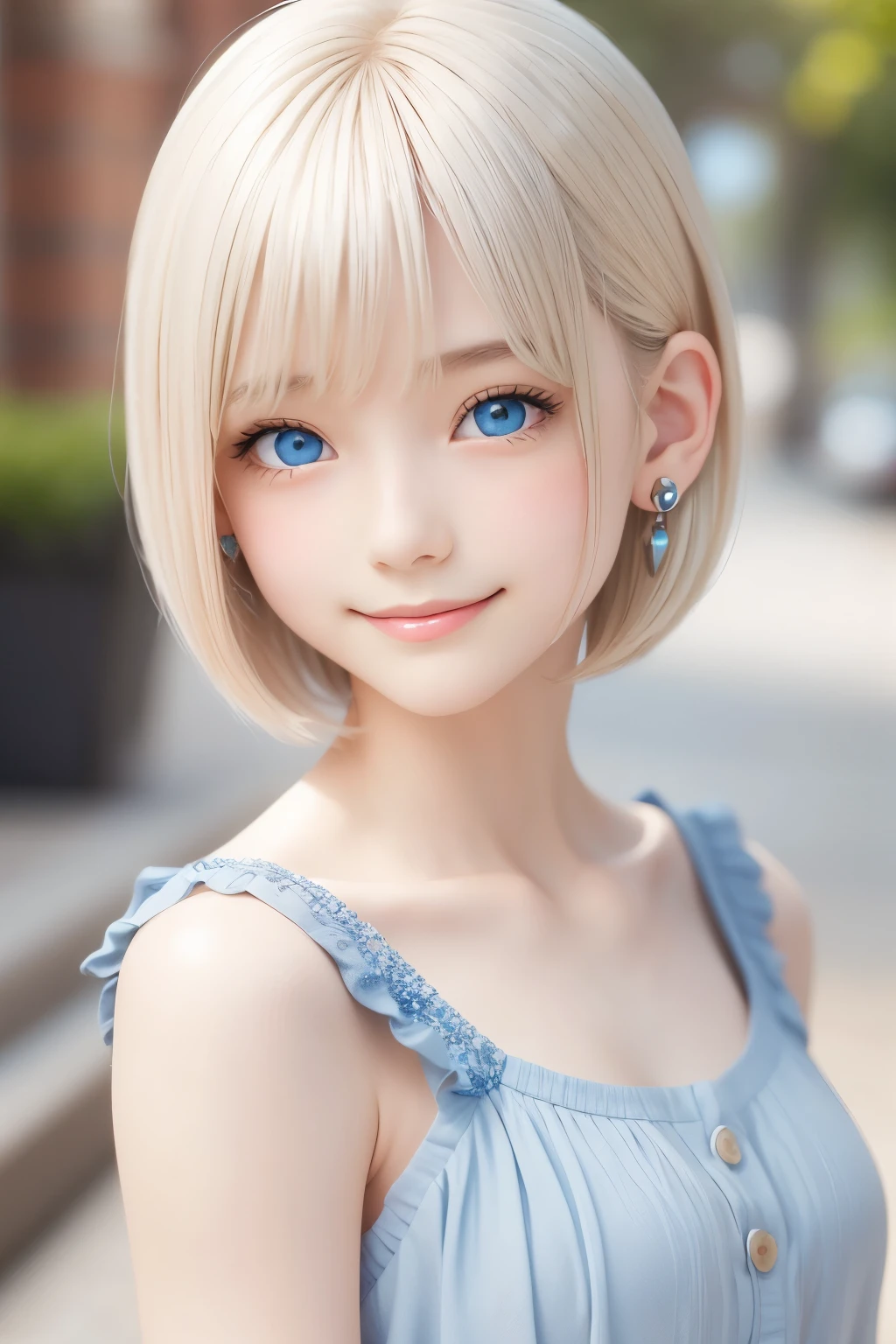 detailed face, cute face, master piece , best quality , woman , bowler hat , bangs , smile , outdoor, Shiny platinum blonde silky super short hair, side locks, beautiful shiny bangs, big clear sky blue eyes, very beautiful light eye highlights,  earrings
