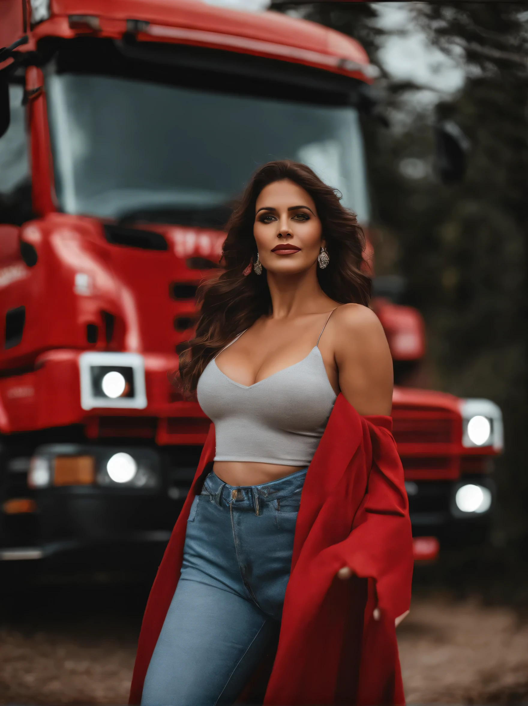 Mulher  linda, Clothing Features, in front of red scania truck, corpo perfeito, corpo inteiro, foto canon eos 5d mark IV, pele perfeita, alta qualidade, hiperrealista, Film lighting, detalhes bem definidos, 8k
