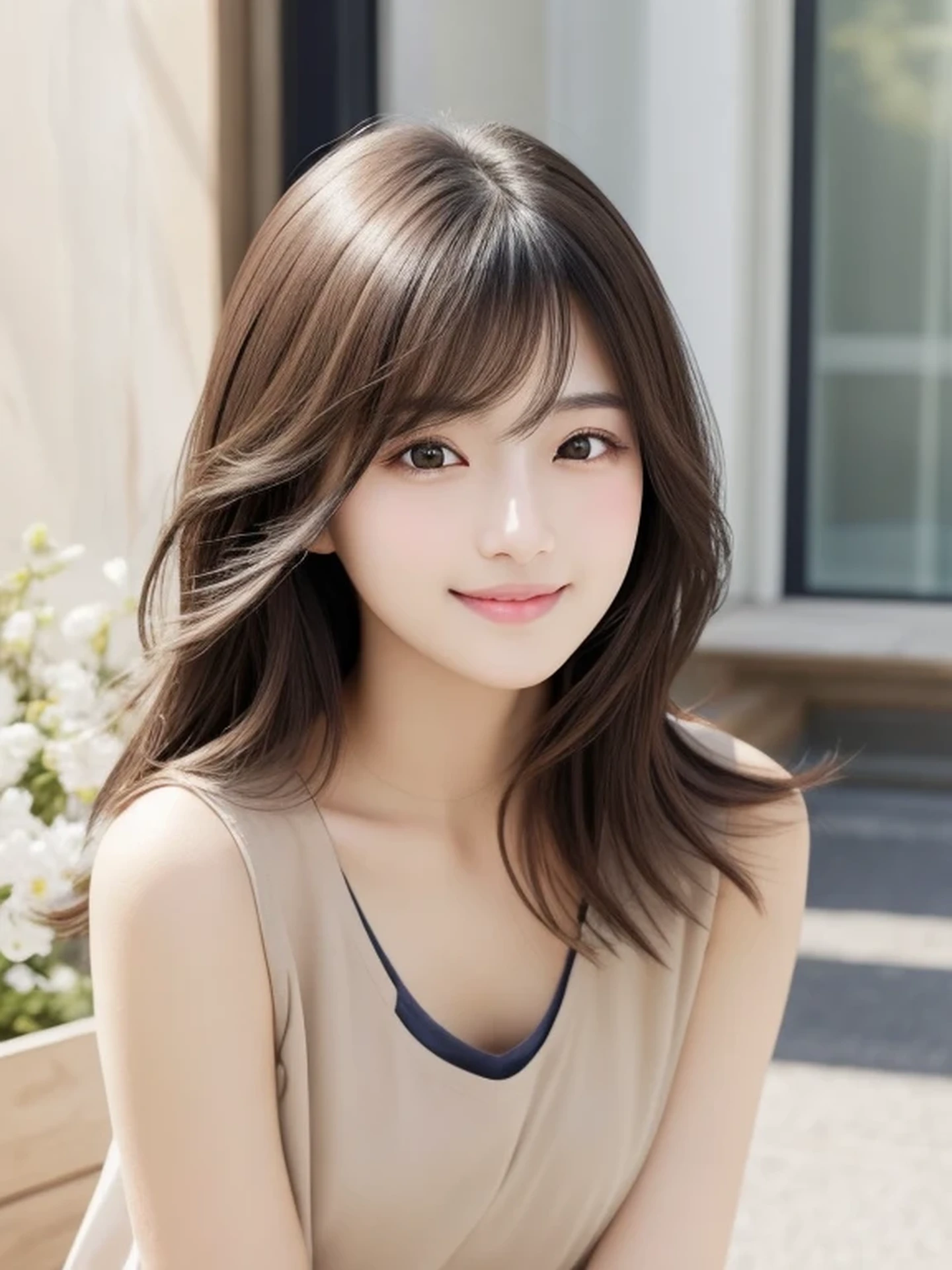 Beautiful Japanese Woman, Soft skin and a nice perfect face, A small face with a nose and rosy lips, Beautiful Eyes, Beautiful smile. black, Surrounded by a bright, ethereal glow、Thin, long, beautiful hair. A loose, short hairstyle with gradation highlights and layers of greyish beige, Navy skirt, Hyperrealistic female photos, High quality high resolution 8K masterpiece