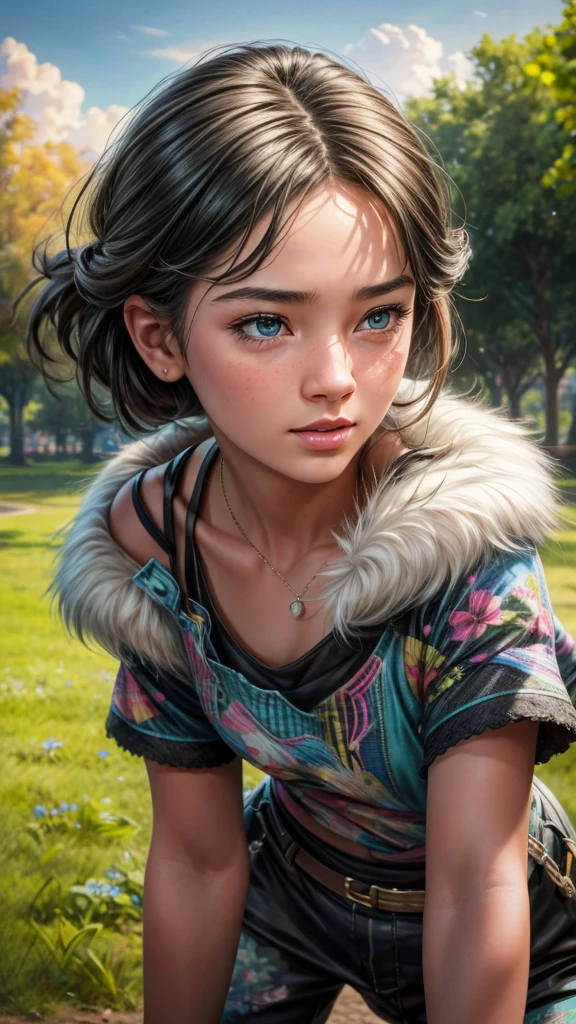 a young girl playing with a cat in a summer park, blue sky, white clouds, running around, detailed facial features, detailed eyes, detailed lips, detailed fur, detailed clothes, detailed background, best quality, 4k, 8k, highres, masterpiece:1.2, ultra-detailed, realistic, photorealistic, photo-realistic:1.37, HDR, UHD, studio lighting, ultra-fine painting, sharp focus, physically-based rendering, extreme detail description, professional, vivid colors, bokeh, landscape, vibrant