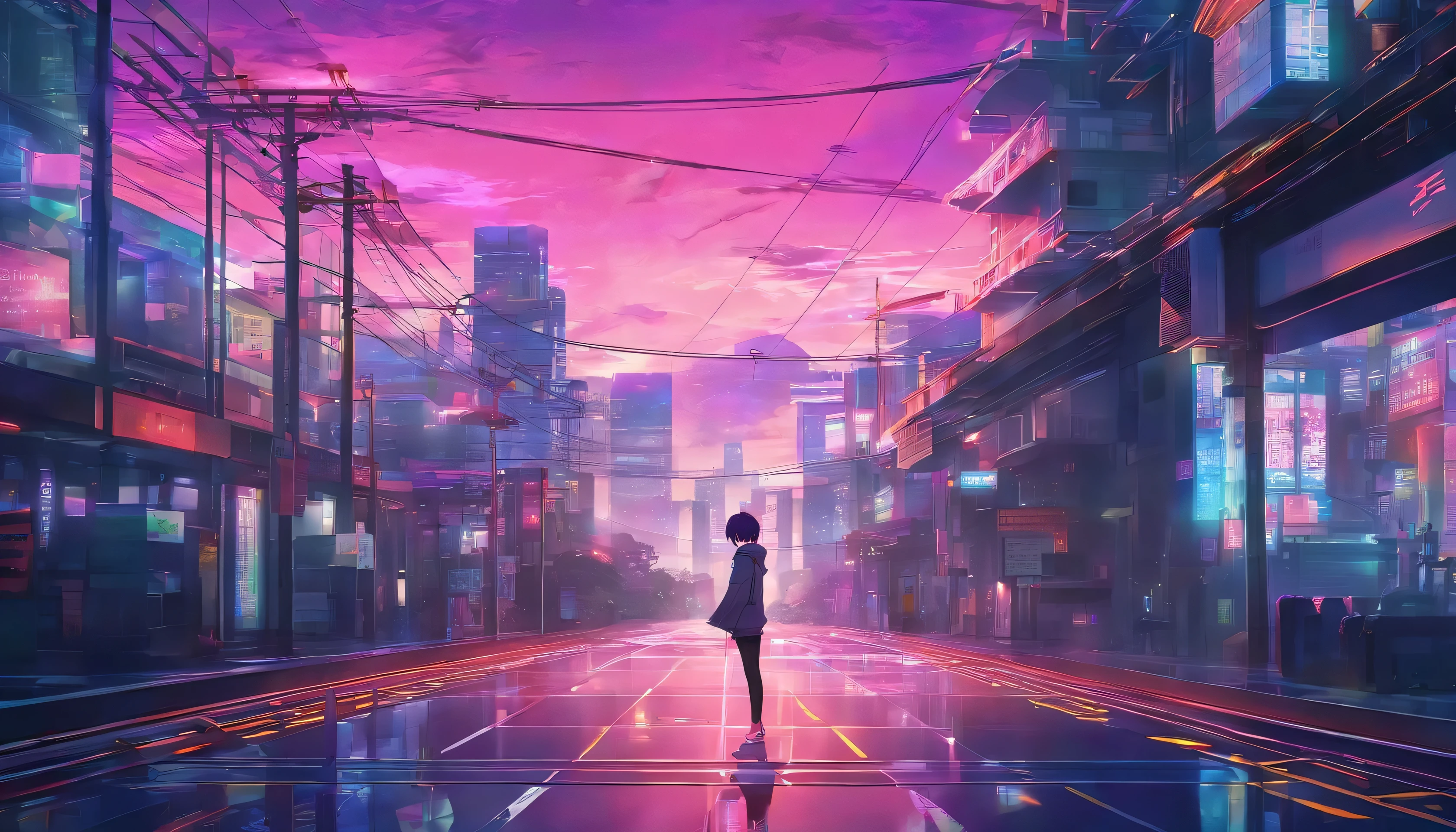 Urban portrait close up with neon sunset background, Synthwave City, Steam Pau City, Synthwave Aesthetics, Neon city background, New Tokyo Background, Background of neon metropolis, Future city background, Cyberpunk aesthetics, The background story of this city is full of cyberpunk style, Purple Cyberpunk City, Cyberpunk city background, Cyberpunk aesthetics, Cyberpunk atmosphere, Cyberpunk cityscape,anime cloud, Anime Background, Anime sky, in the Makoto Shinkai's style, Beautiful floating clouds. and soul, Makoto Shinkai's style, Shen Haicheng!, Beautiful anime scenery, Based on Xin Haicheng, Anime Landscape Wallpaper, Shen Haicheng!!, Shinkai Makoto's Artistic Style,Japanese Girls,Pale skin,Beautiful face(Purple Hair)Red Jacket,tokyo night, Cyberpunk style,Japanese Streetwear,tokyo fashion,Cyberpunk 2 0 7 7 jacket,full length,charming pose,Bottom View