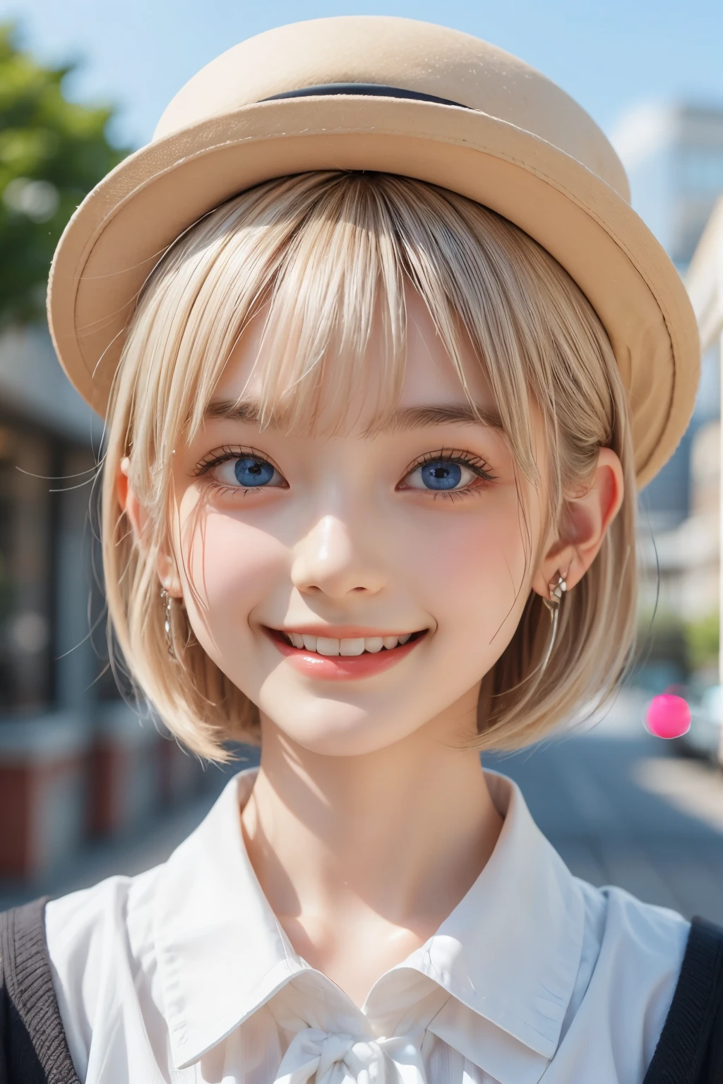 detailed face, cute face, master piece , best quality , woman , bowler hat , bangs , smile , outdoor, Shiny platinum blonde silky super short hair, side locks, beautiful shiny bangs, big clear sky blue eyes, very beautiful light eye highlights,  earrings
